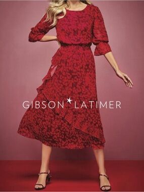 Gibson Latimer Red Ruffle-Trim Midi Dress